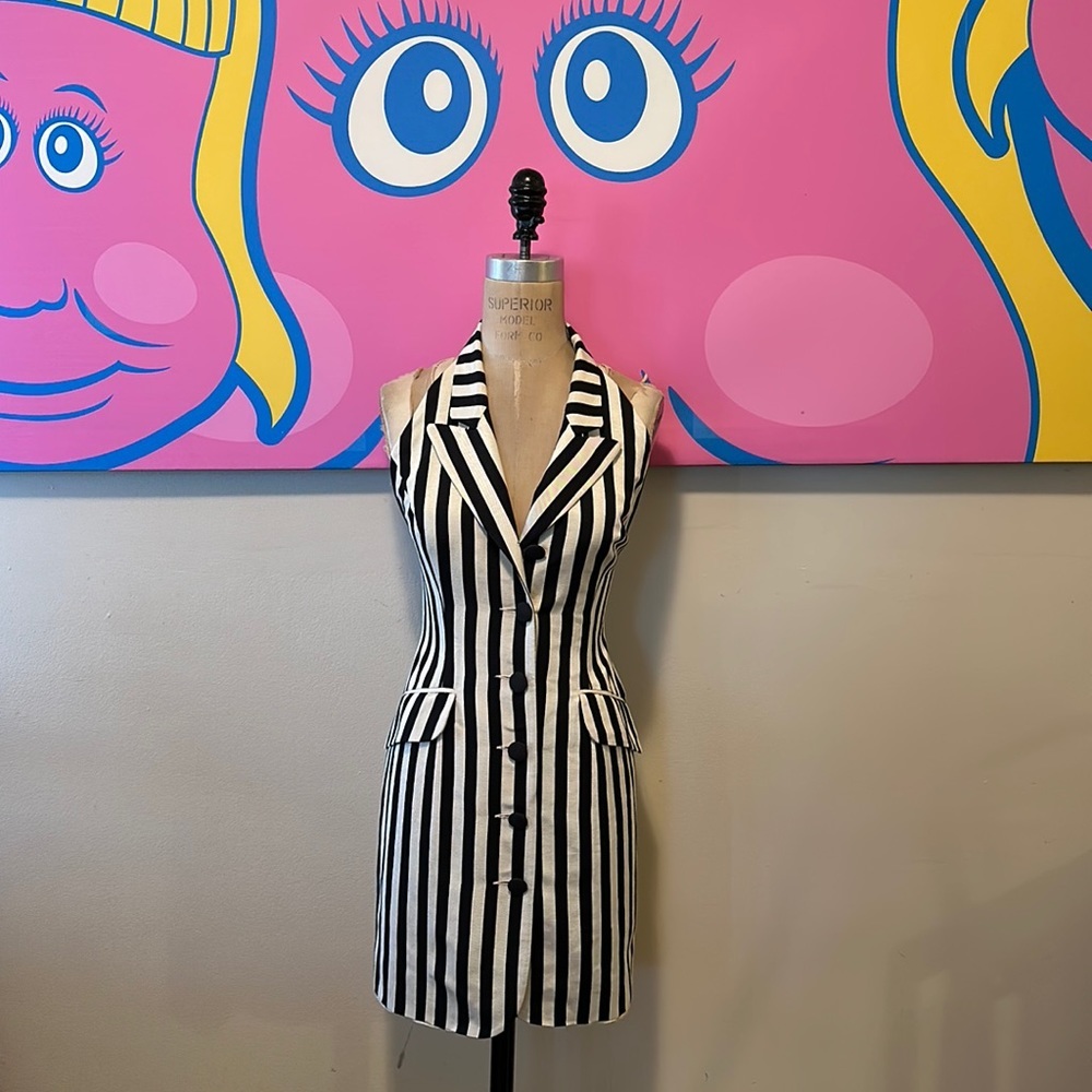 Moschino Cheap Chic Black White Striped Halter Neck Dress